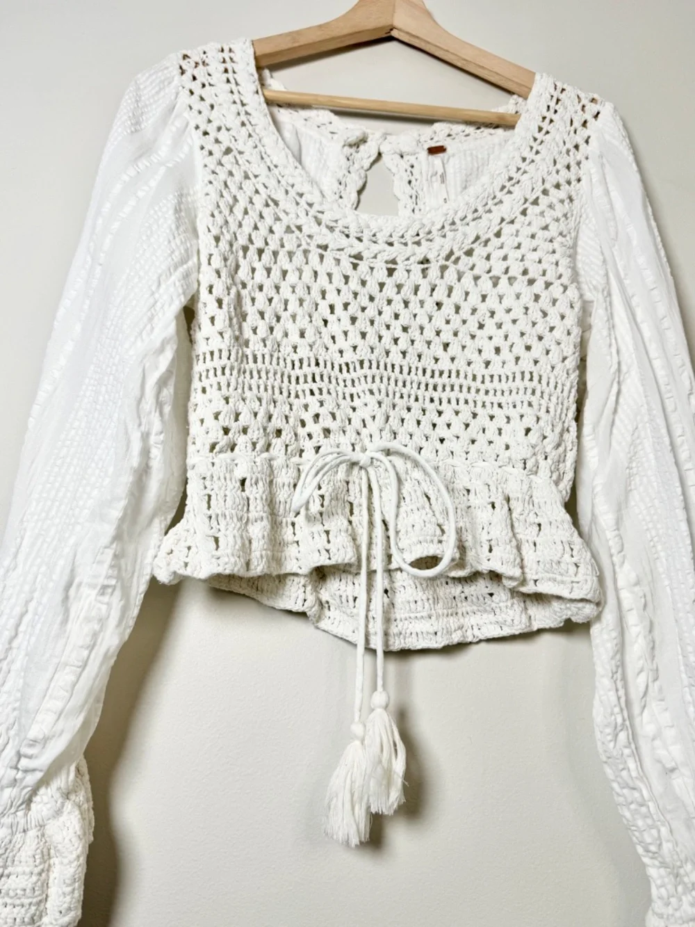 Free People Megan Crochet Top Ivory Boho Long Sleeve Blouse Cutout Sz M